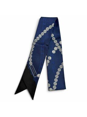 Chanel Silk 100% CC Logo Pearl Motif Twilly Scarf Navy Black